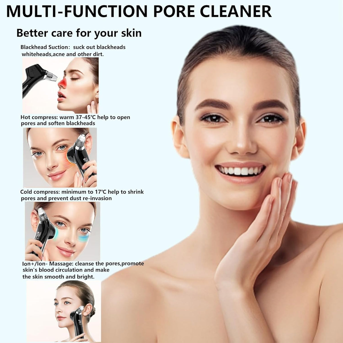 Blackhead Remover Vacuum Face Suction Pore Cleaner with Hot&Cold Compress Positive&Negative Ion Massage Nose Whitehead Remover Pimple Sucker with 5 Probes Pore Extractor Tool… (Black)