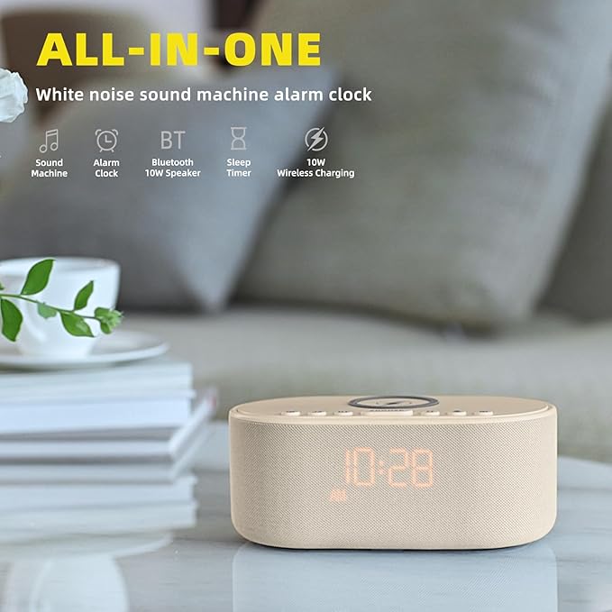 Sound Machine Alarm Clock for Bedrooms: Bluetooth 10W Stereo Speaker with Wireless Charging - White Noise Machine for Sleeping with 21 Soothing Sounds - Putty