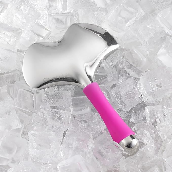 Stainless Steel Gua Sha Facial Tool for Women｜2-in-1 Cooling Massager & Ice Roller with Handle, Built-in Anti-Freeze Liquid for Skincare, Lifting, and Puffiness Relief