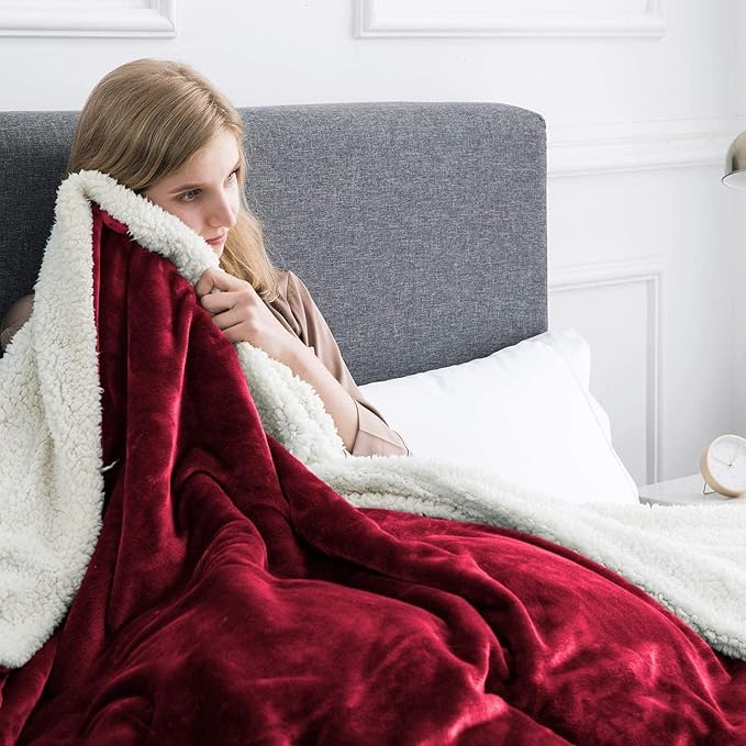 IR Imperial Rooms Burgundy Sherpa Fleece Throw Blanket for Bed - Wholesale Bulk Pack of 16 Sherpa Blankets - Soft Fluffy Throw Blankets for Hotels, Guest Bedroom, 50x60 Inches