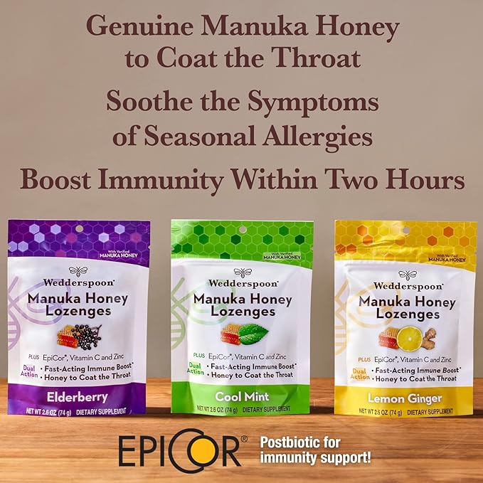 Wedderspoon Manuka Honey Immunity Lozenges, Elderberry, 2.6 Oz (Pack of 1), Genuine New Zealand Honey, Boost Immunity Within Two Hours