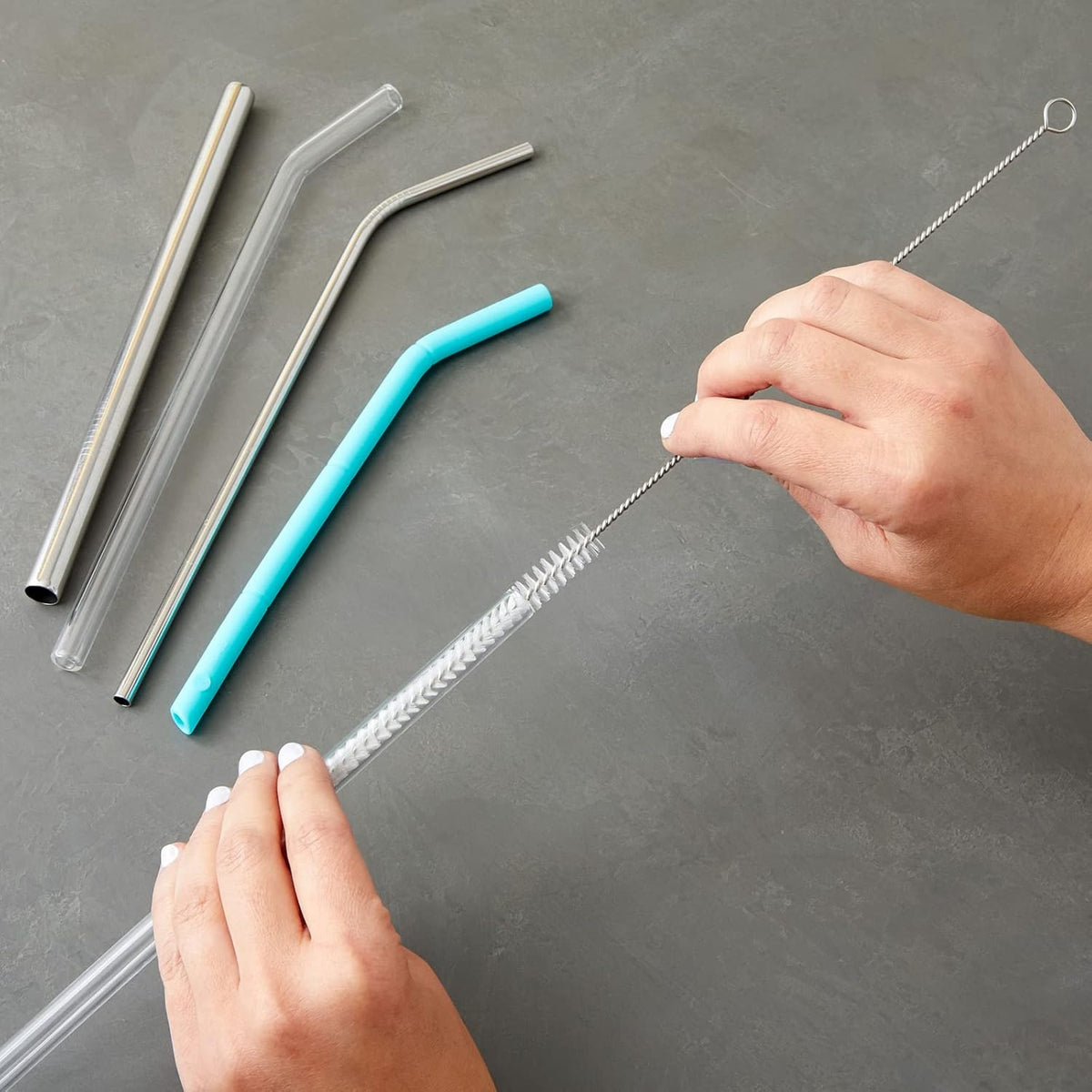 Juvale Straw Cleaner Brush - 12 In, Silver & White, 4-Pack - Stainless Steel Straw Cleaner Brush for Water Bottles & Pipes with Flexible Nylon Tip for Narrow Openings
