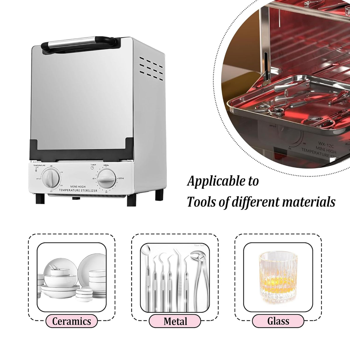 High Temperature Sterilizer, Large Capacity Dry Heat Stainless Steel Sterilizer with Temp and Timer Control, Max timing 60min, Max temperature 250℃ (482℉), With Stainless Trays, 110V power
