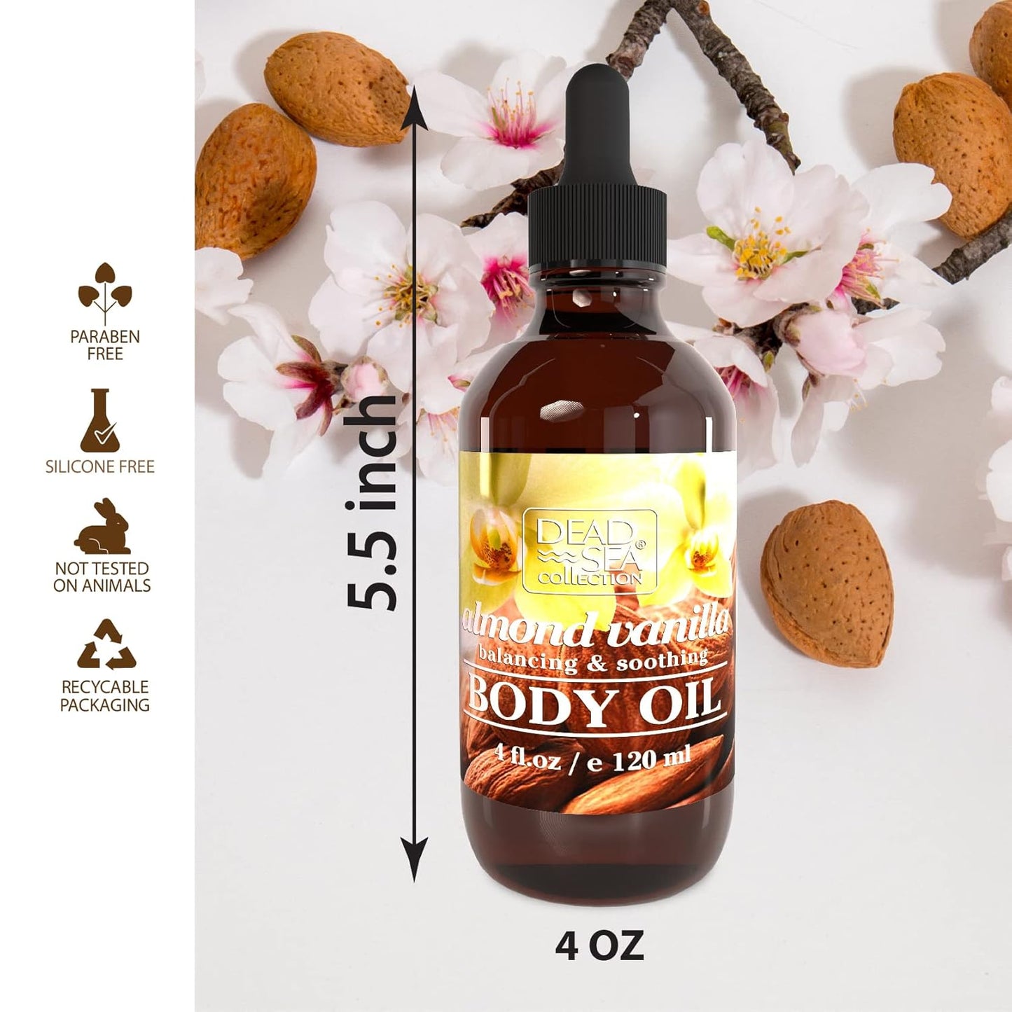 Dead Sea Collection Body Oil with Almond & Vanilla-Dry Skin Moisturizer and Hydrating Massage - Nourishing Bath Oil - Increase Skin Elasticity and Provide Anti-Aging Support for your Body (4 fl.oz)