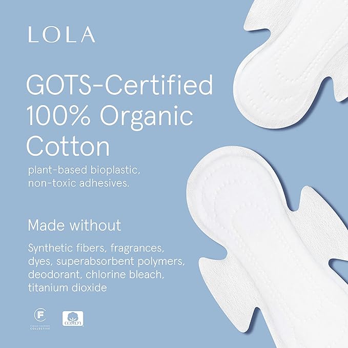 LOLA Organic Cotton Pads, 36 Count - Ultra Thin Pad with Wings, Cotton Organic Pads for Women, HSA FSA Approved Products Feminine Care, Regular
