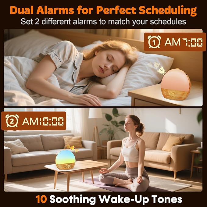 White Noise Sound Machine: Wood Grain, 30 Sleep Sounds, Bluetooth, Sunrise Alarm Clock with Dual Alarms, Adjustable Brightness,Wake-Up Light, Ideal for Bedroom, Office, Kids & Adults