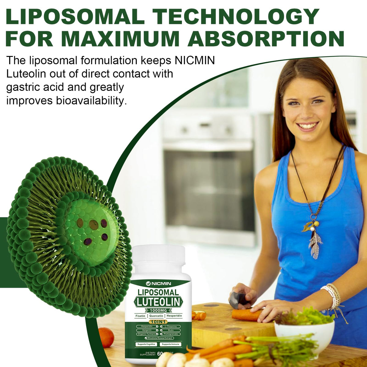 NICMIN 1000MG Liposomal Luteolin, Maximum Absorption, Potent Luteolin Supplement 60 Capsules