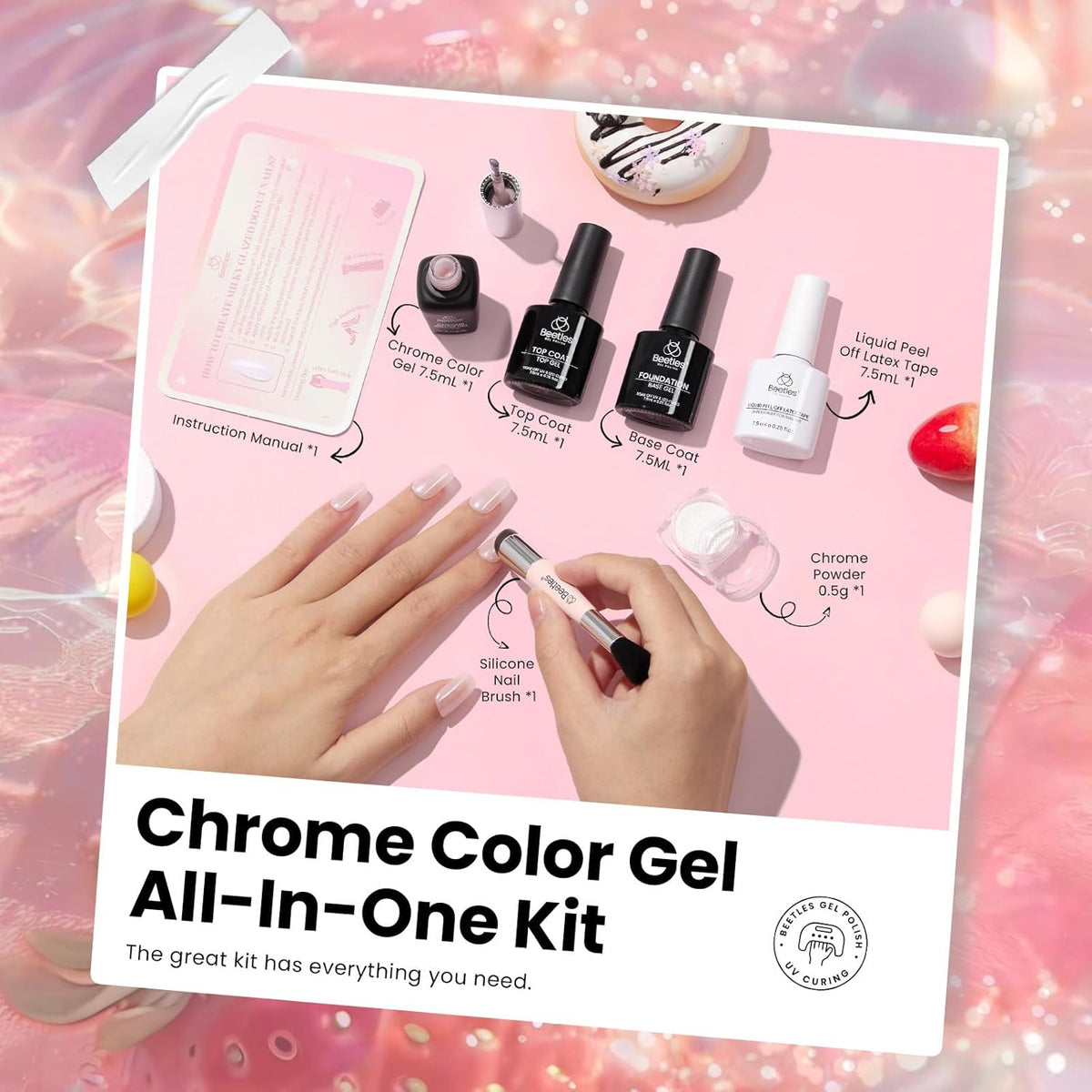 Beetles Pearl Chrome Nail Powder Gel Nail Polish Set, Glazed Donut Mirror Effect with Silicone Nail Brush, Liquid Peel Off Latex Tape Top Coat&Base Coat