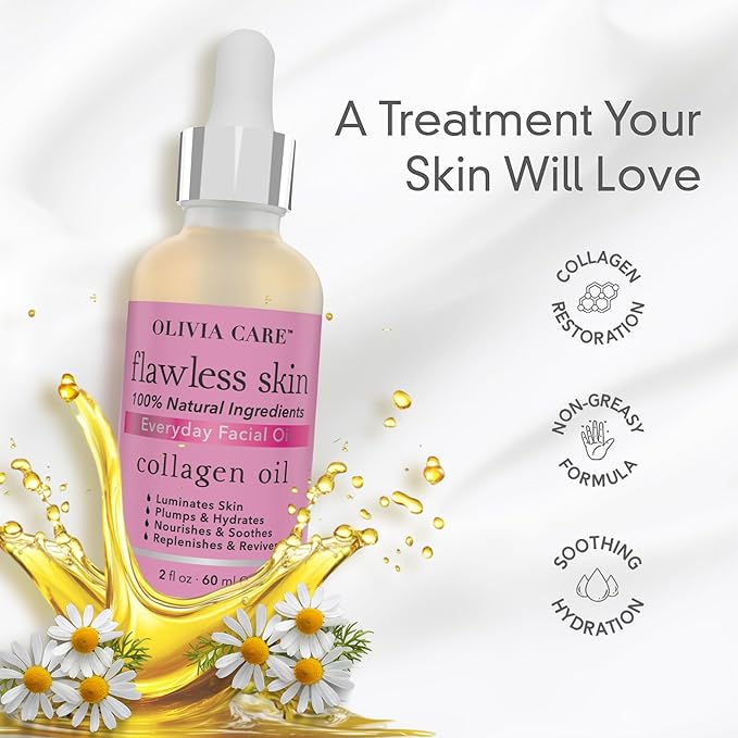 Olivia Care Collagen Facial Oil - Flawless Essential Facial Oil 100% Natural. Nourishing, Reviving & Hydrating Soothing - For All Skin Types - 2 fl oz (Collagen)