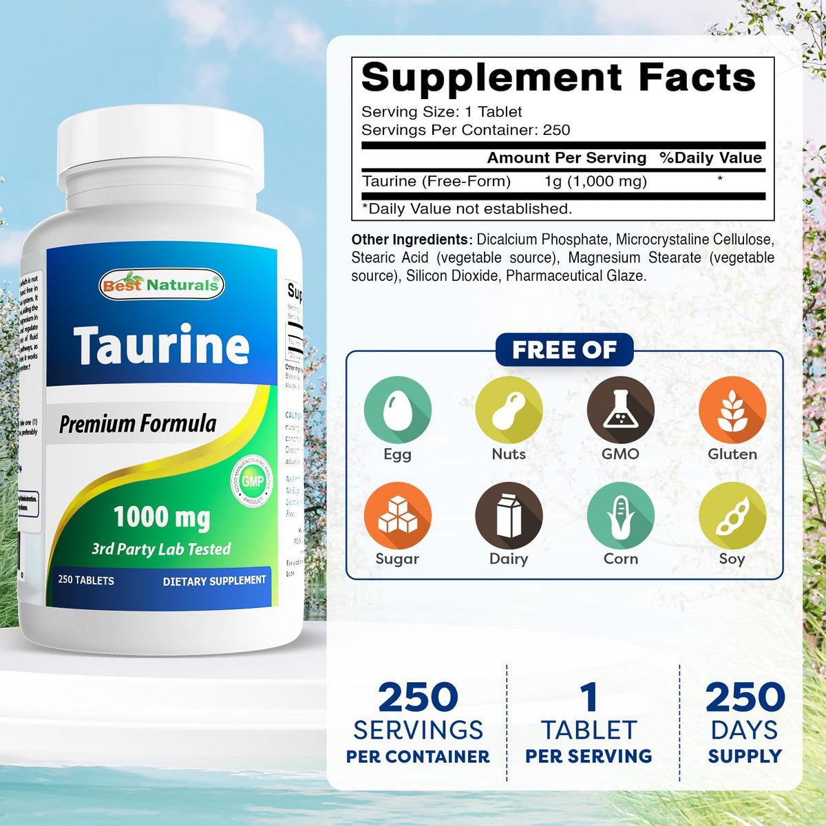 Best Naturals Taurine 1000 mg 250 Tablets (250 Count (Pack of 2))