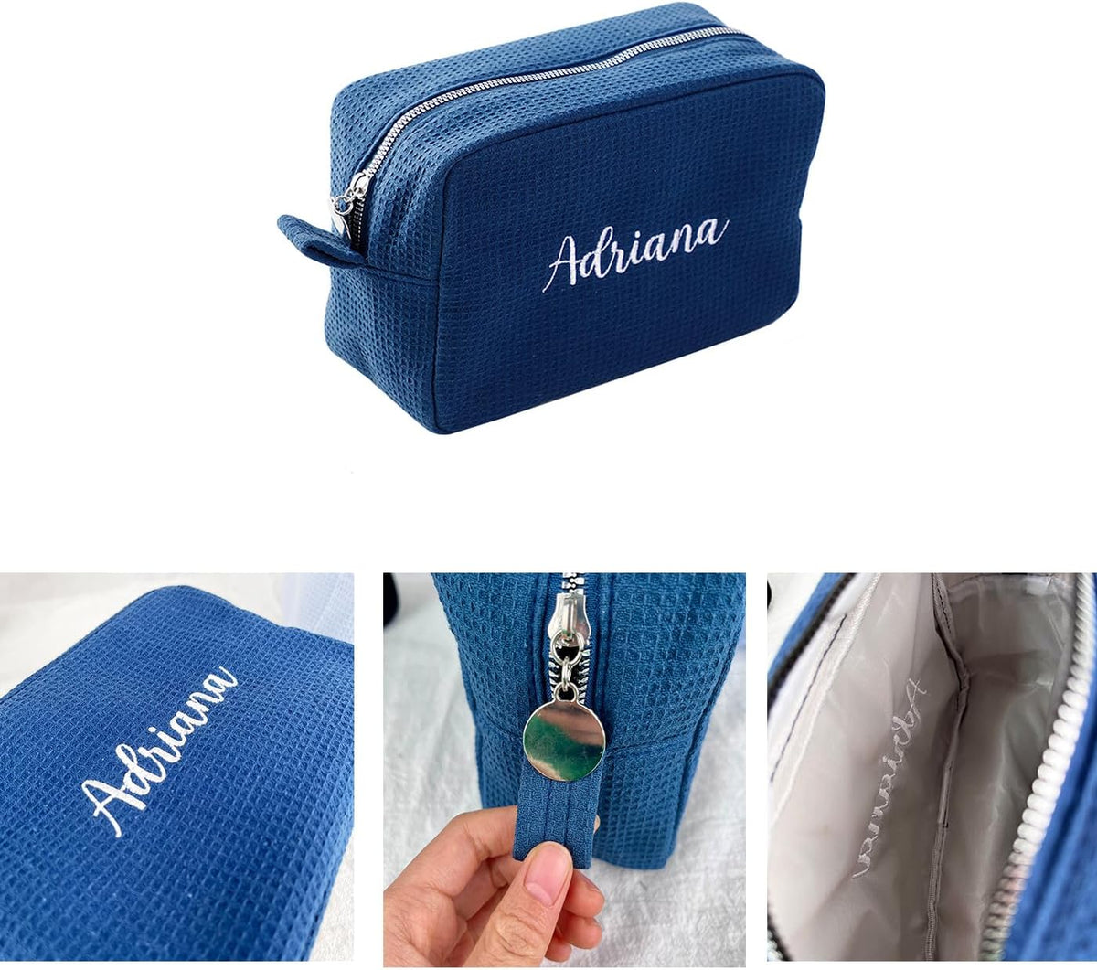 GOPHIE Personalized Embroidered Makeup Bag,Custom Waffle Fabric Cosmetic Pouch for Women, Travel Makeup Pouch (3, Navy Blue)