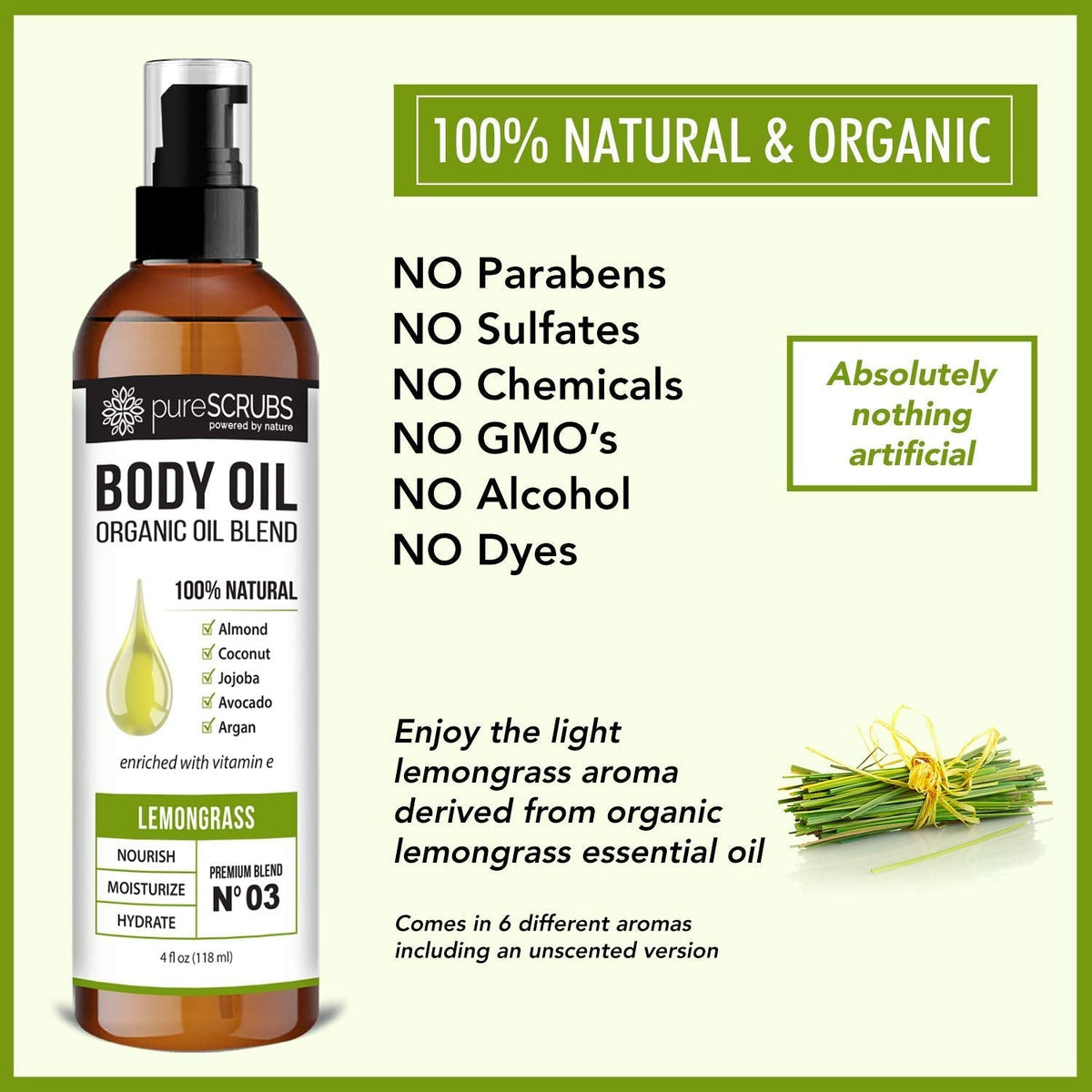 pureSCRUBS Ultra Moisturizing Lemongrass Body Oil Spray for Dry Skin, Massage, & More, Organic Super Blend of Jojoba, Argan, Coconut, Sweet Almond & Avocado Oils Enriched with Vitamin E, Lg 4oz