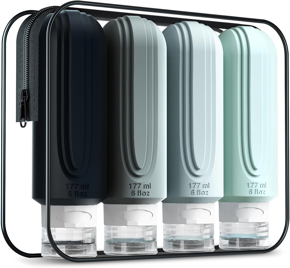 Travel Bottles for Toiletries, Large 6oz Oversize Containers, BPA Free Leak Proof Tubs Refillable Liquid Traveler Accessories with Toiletry Bag for Cometic Shampoo and Lotion Soap (4 Pack)