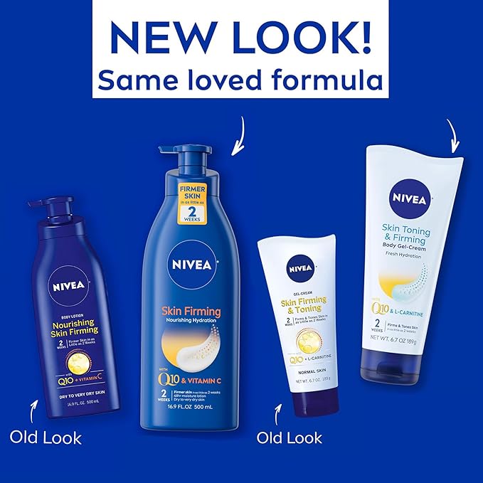 NIVEA Nourishing Hydration Skin Firming Body Lotion, 16.9 Fl Oz Skin Firming & Toning Body Gel Cream with Hyaluronic Acid, 6.7 Oz, Enriched with Q10 and Vitamin C