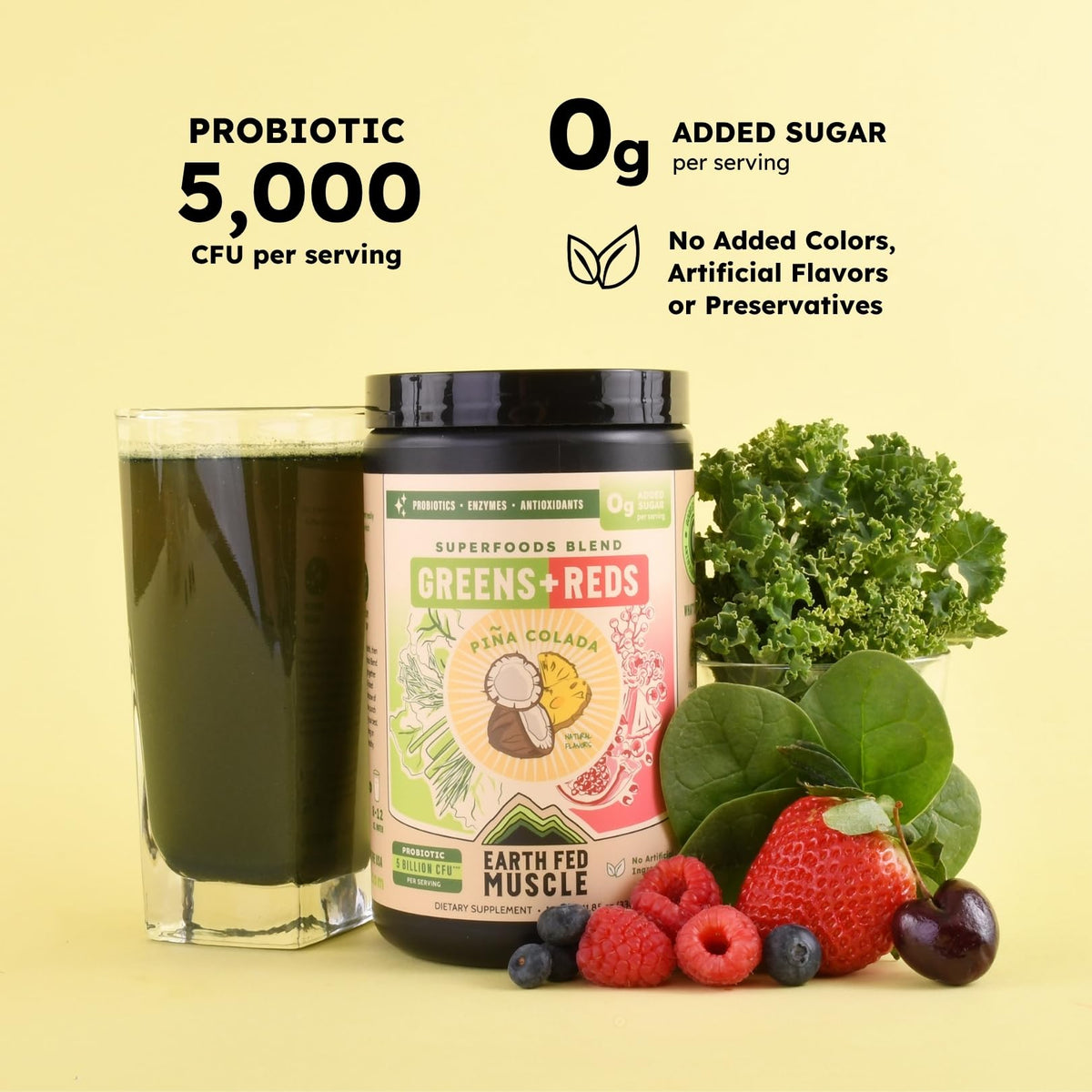 Earth Fed Muscle Greens and Reds Superfoods Blend, Piña Colada – Kale, Spirulina, Wheatgrass & Elderberry – Antioxidant Support, Vitamins & Probiotics – No Artificial Ingredients – 30 Servings