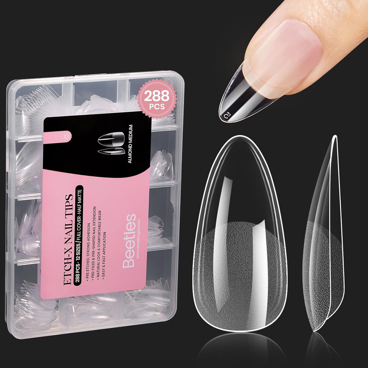 Beetles Gel Nail Tips Medium Almond Etch X Nail Tips, 12 Sizes 288 PCS Half Matte Full Cover False Nails Clear Acrylic Nails Glue on Nails DIY Gift for Women