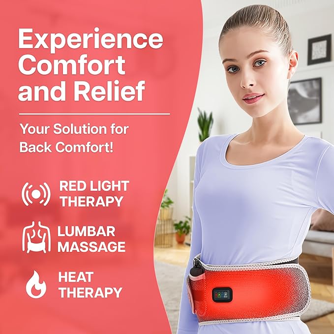 Cordless Back Massager with Heating Pad and Red Light Therapy Belt for Back Pain Relief - 3 Temperature Settings and Soothing Massage for Comfort and Recovery - FSA HSA Eligible