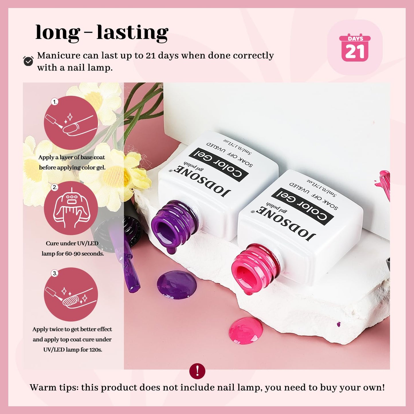 JODSONE 12 Bottles Gel Nail Polish Set Base Coat Glossy Top Coat Fast Drying Long Lasting Soak Off Wipe Free