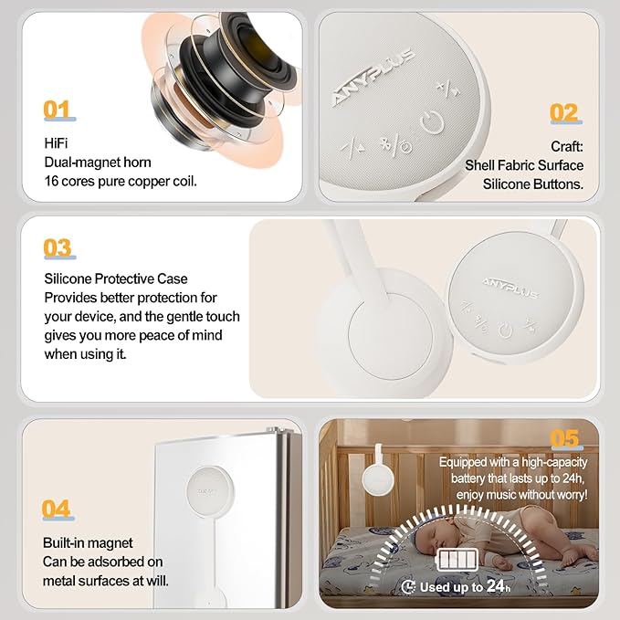White Noise Sound Machine, Portable Sound Machine for Sleeping Adults & Baby, with Bluetooth 5.1/24 Soothing Sounds/Battery Powered/3 Timer Memory Function for Office/Bedroom/Travel（White）