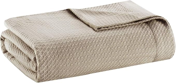 Madison Park Soft Certified 100% Egyptian Cotton Breathable Cozy Blanket, Premium Waffle Knit Classic Design, Luxury All Season Lightweight Cover for Bed, Couch and Sofa, Khaki Twin(66"x90")