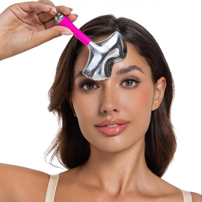 Stainless Steel Gua Sha Facial Tool for Women｜2-in-1 Cooling Massager & Ice Roller with Handle, Built-in Anti-Freeze Liquid for Skincare, Lifting, and Puffiness Relief