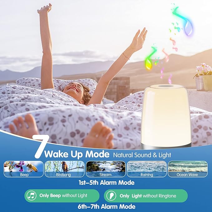 Sunrise Simulation Alarm Clock Wake Up Light for Heavy Sleepers Adults, Golspark Dimmable Sun Lamp Kid Bedroom Nursery Bedside Night Light Sleep Aid, 7 RGB Lights, 7 Natural Sound Alarms, Snooze Timer