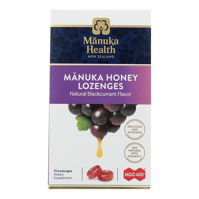 Manuka Health Manuka Honey Lozenges – 15 Blackcurrant Flavored Lozenges – Natural Throat Lozenges Infused with Raw Manuka Honey and Vitamin C for Immune Support