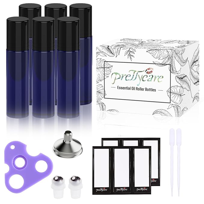 PrettyCare 6 Pack, 10 ml Essential Oil Roller Bottles with Stainless Steel Roller Ball - Refillable Leak-proof Empty Thick Blue Glass Roll on Bottles with Black Caps for Travel, Perfume
