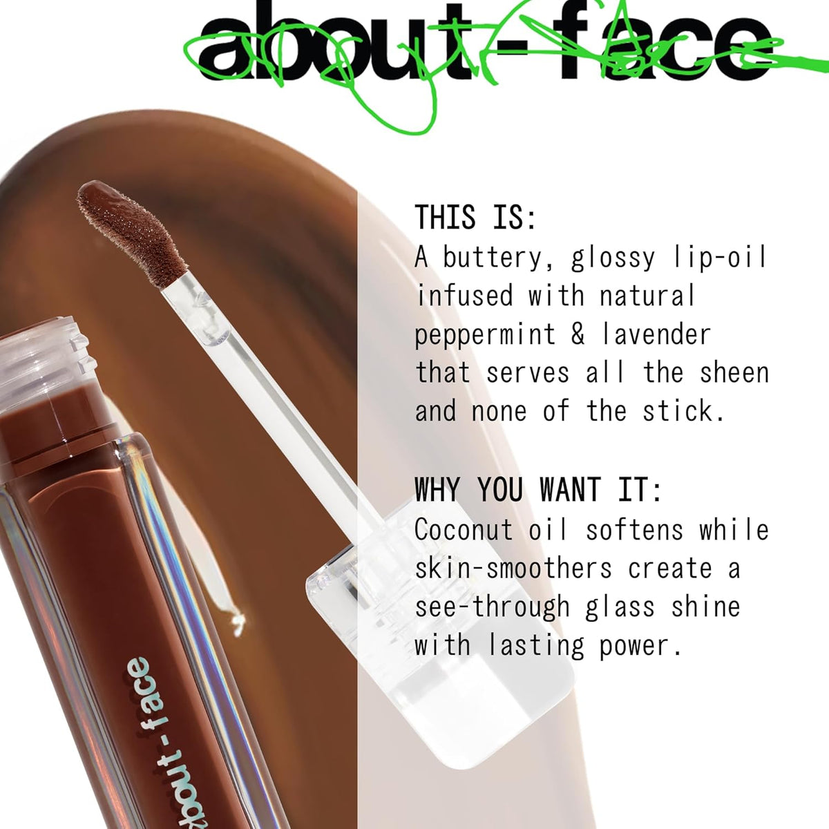 about-face Light Lock Lip Gloss Dare To Bare – Non-Sticky, High-Shine Lip Oil Gloss with Coconut Oil, Peppermint & Lavender – Vegan, Cruelty-Free, Clean Beauty – 0.21 oz (Caramel)