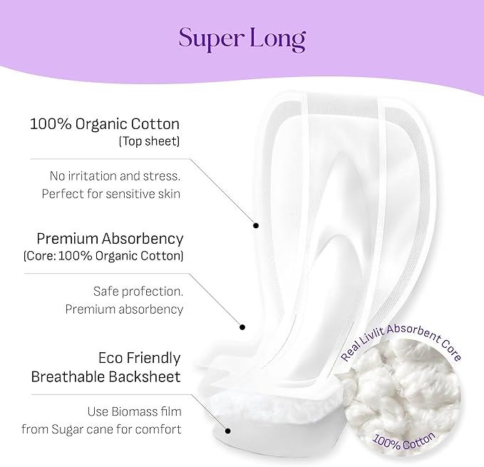 Super Long Overnight Pads Sanitary Pads, 100% Organic Cotton from Texas, Heavy Absorbency, Powerful Leak Protection, Unscented, Extra Long Length Pads for Women (20 Count)