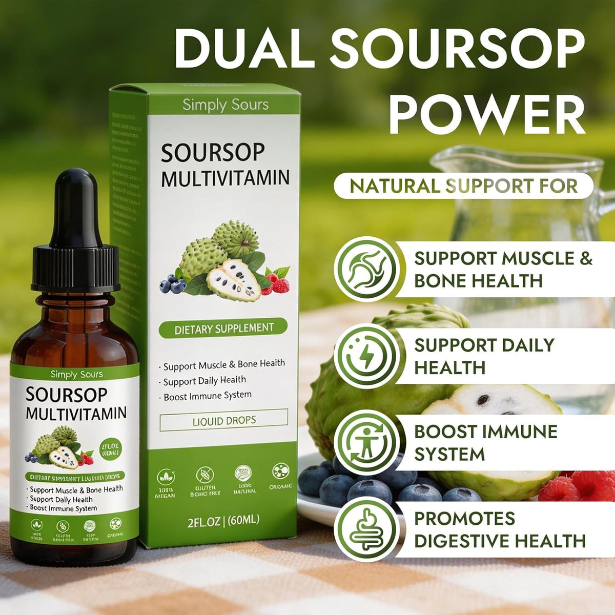 Simply Sours Organic Soursop Graviola Extract Drops - 5000mg Pure Leaf & Fruit Liquid Supplement, Sugar-Free Gluten-Free, 2 fl oz (60 Servings)