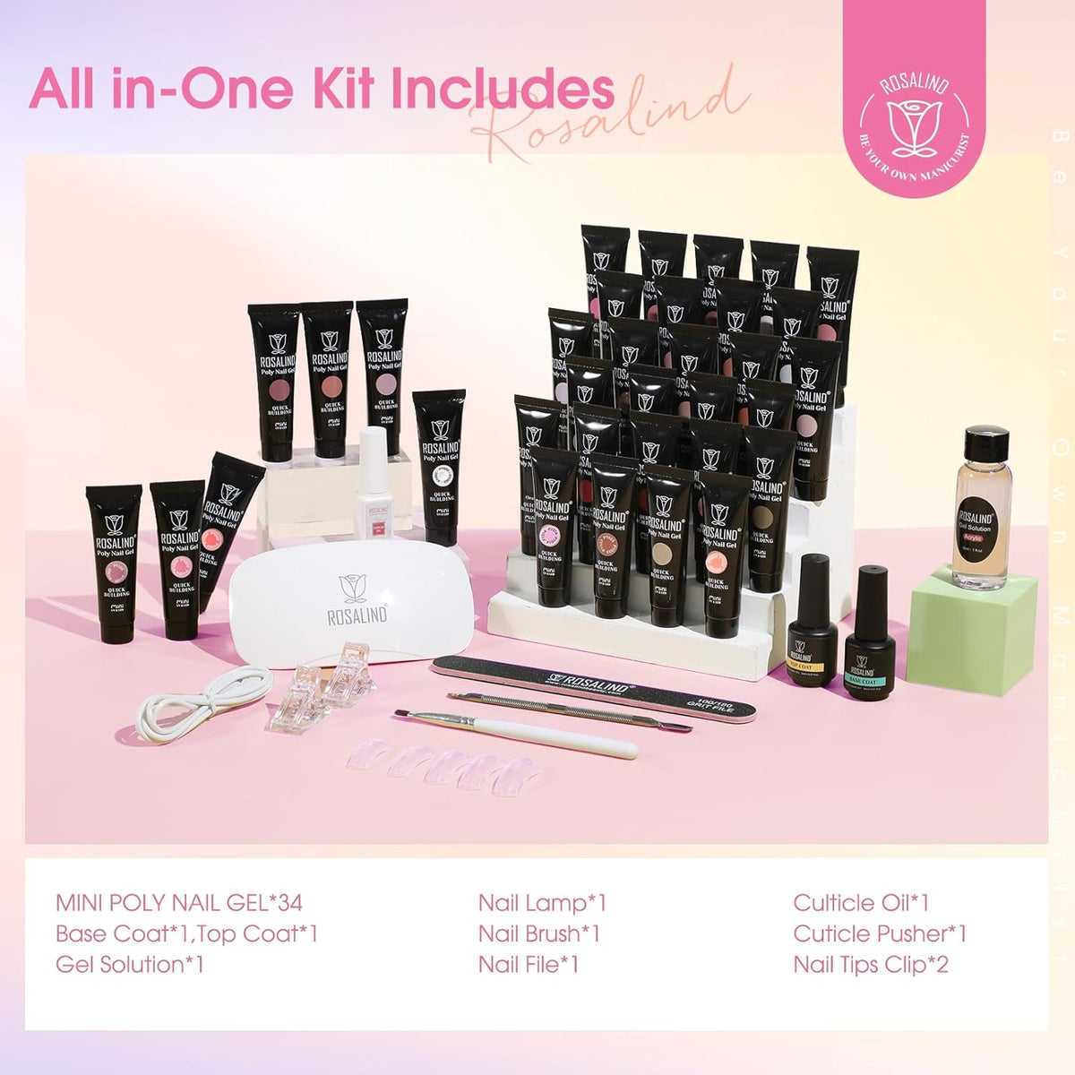 ROSALIND Coloful Poly Nail Gel Kit -34 Colors + Neon Accessories Clear Nude Poly Nails Gel Starter Kit with Mini UV Lamp Slip Solution Summer Halloween Extensions Kit