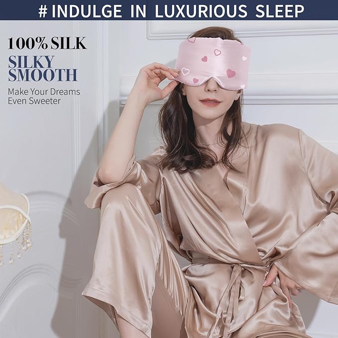 Fleur&Yang Silk Sleep Mask, Adjustable Blackout Sleeping Mask for Men Women, Soft Breathable 100% Mulberry Silk Fabric, Cooling Eye Cover Blindfold for DeepSleep or Meditation (Heart)