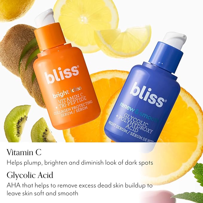 Bliss Vitamin C Bright Idea + Glycolic Acid Renew & Smooth Day and Night Serum Duo | Anti-Aging and Brightening Face Serums Duo for Bright, Smooth & Firm Skin | Vegan, Clean & Cruelty-Free | 2x1 Fl Oz