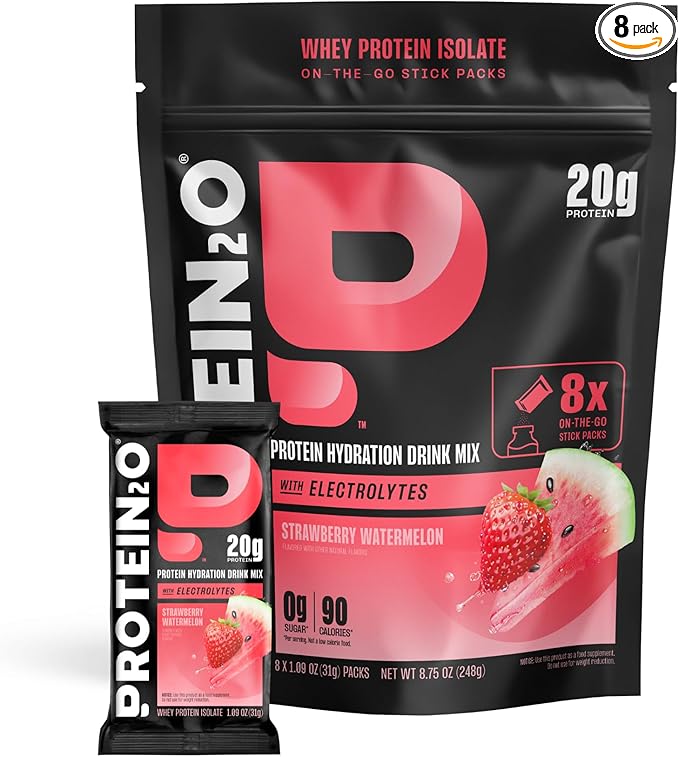 Protein2o 20g Whey Protein Isolate Clear Protein Powder, 360mg of Electrolytes, Vitamins B5 & B6, Sugar Free, Strawberry Watermelon, 8-Pack