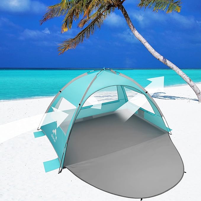 Oileus Beach Tent 2-3 Person Portable Sun Shade Shelter UV Protection, Extended Floor Ventilating Mesh Roll Up Windows Carrying Bag Stakes 6 Sand Pockets Fishing Hiking Camping, Light Green
