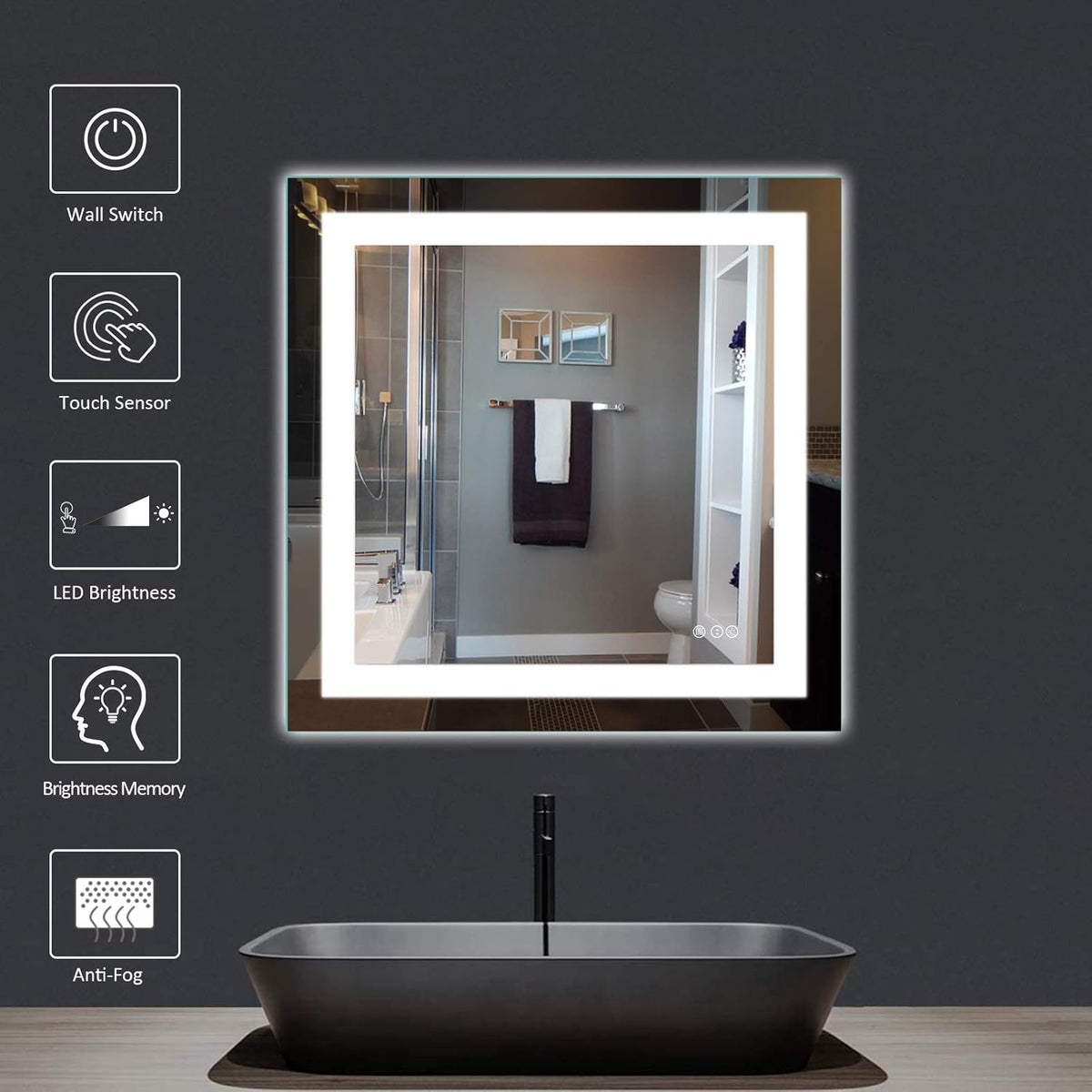 Amorho LED Bathroom Mirror 36"x 36" with Front and Backlight, Stepless Dimmable Wall Mirrors with Anti-Fog, Shatter-Proof, Memory, 3 Colors, Double LED Vanity Mirror