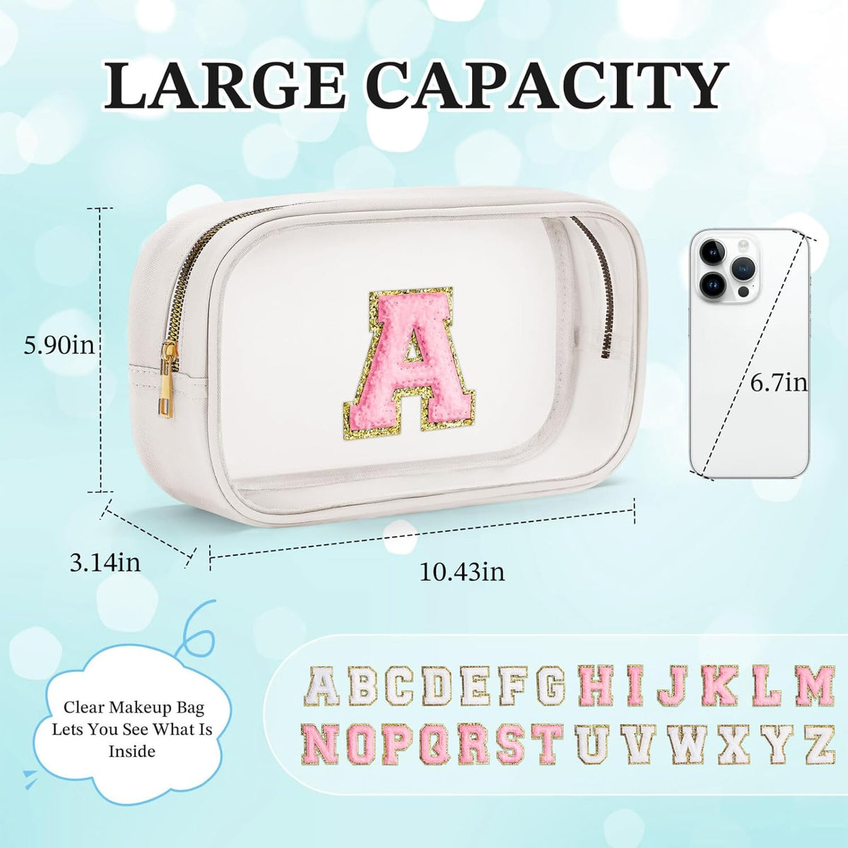 YOOLIFE Initial Make Up Bag Travel Toiletry Bag, Clear Makeup Bag Preppy Cosmetic Bag Clear Makeup Bags With Zipper Girlfriend Teacher 6 Year Old Girl Gifts Daughter Gifts Swim Gifts For Girls White N