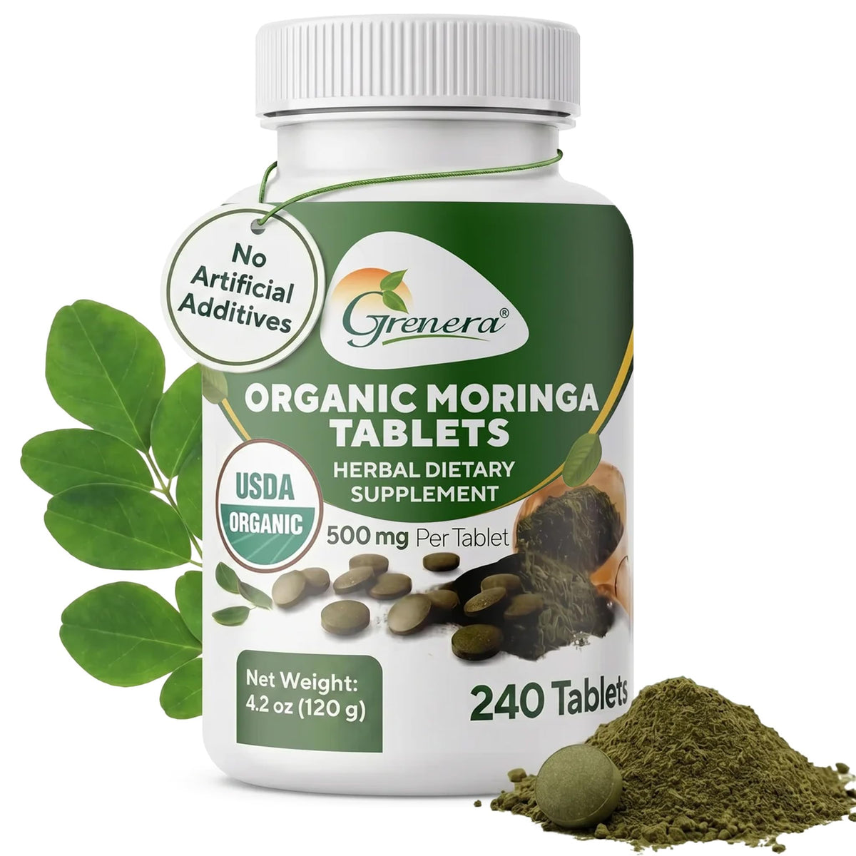 Grenera Organic Moringa Leaf Tablets 500 mg – 240 Count