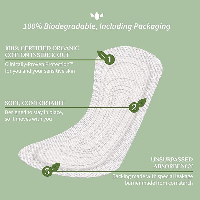 Organyc 100% Certified Organic Cotton Inside and Out Flat Panty Liner - Everyday Sanitary Pad, Free from Wood Pulp, Perfumes, SAP and Chemicals - Maxi Flow, 20 Count