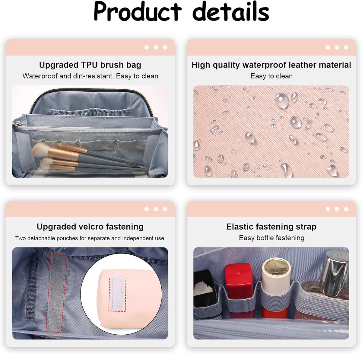 BOYATU Travel Makeup Bags for Women: Vegan Leather Cosmetic Bag Set of 3 - Large Capacity Make up Bag with Divider - Wide Open Waterproof Toiletry Organizer Bag with Handle (05-Pink)