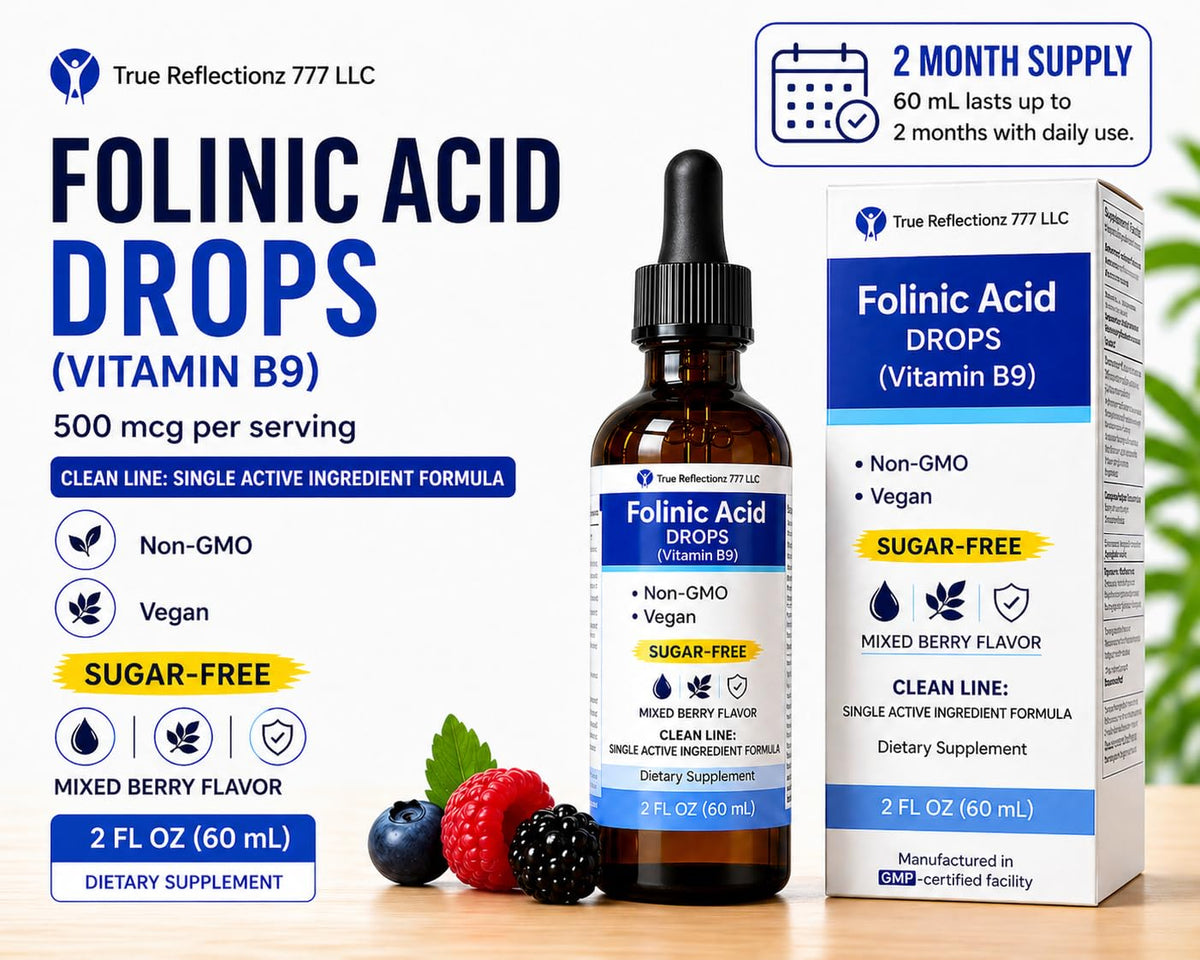 True reflectionz Folinic Acid Drops Kids & Adults - 500mcg Vitamin B9 Liquid Kids 60 mL | Methylation Support Supplement | Bioavailable Folate | Sugar Free, Non-GMO, Vegan | Gentle Methylation