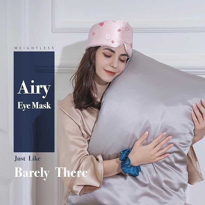 Fleur&Yang Silk Sleep Mask, Adjustable Blackout Sleeping Mask for Men Women, Soft Breathable 100% Mulberry Silk Fabric, Cooling Eye Cover Blindfold for DeepSleep or Meditation (Heart)