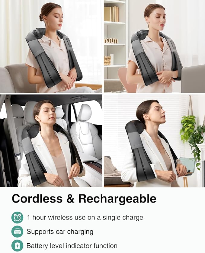 Nekteck Cordless Shiatsu Neck and Back Massager with Soothing Heat, Electric Deep Tissue 3D Kneading Massage Pillow for Shoulder, Leg, Body Muscle Pain Relief, Home, Office, and Car Use