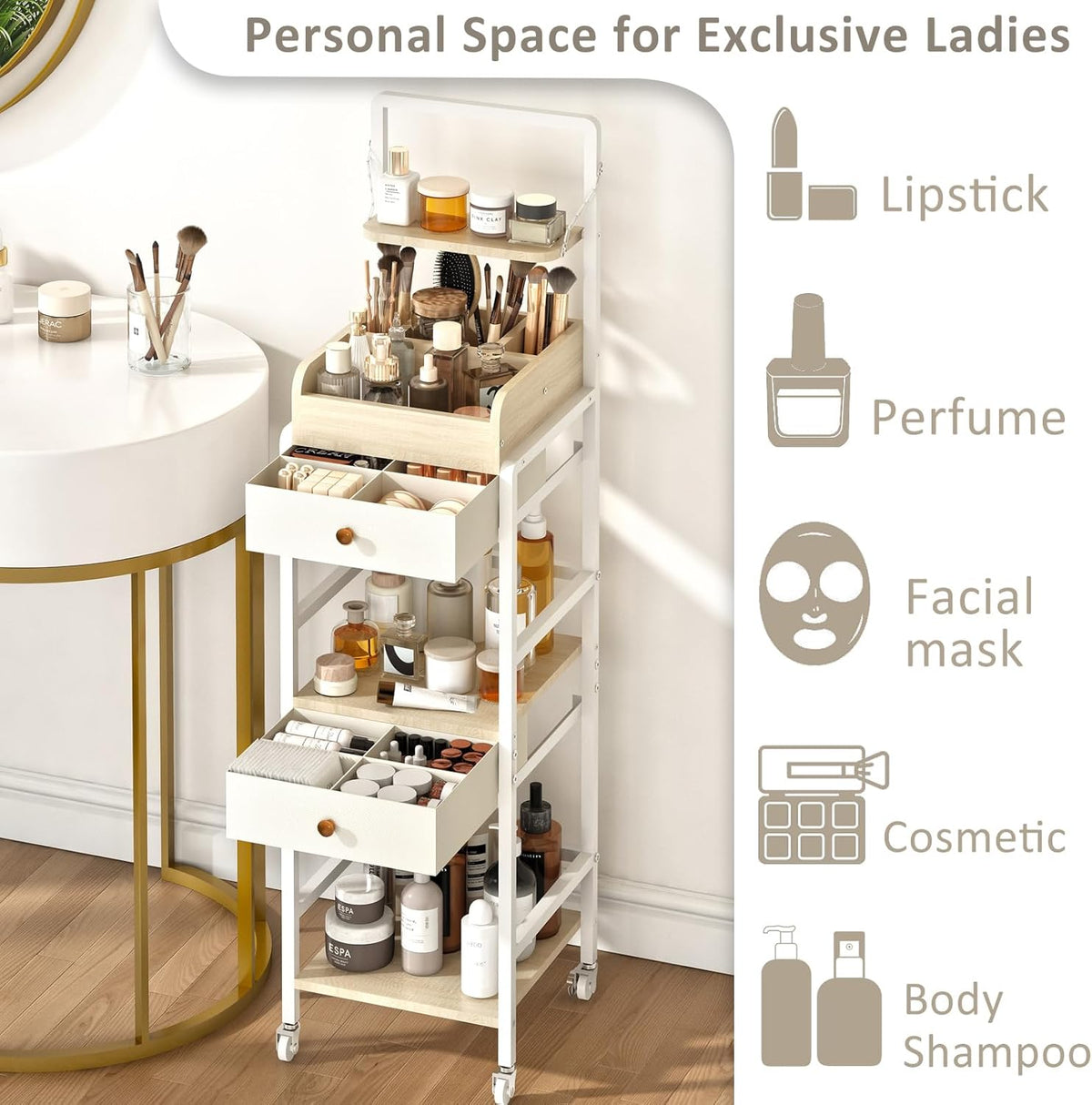 Wisdom Star Makeup Organizer Cart with 2 Drawers, Floor Skincare Organizers, Makeup Storage, Vanity Organizer, Cosmetics Display, Versatile Skin care Perfume Nail Polish Storage Rack for Bathroom