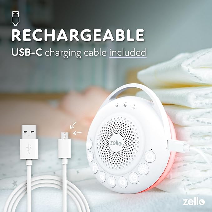 Zello | Portable Pro White Noise Machine | 30 Sounds | Red Light Sleep Aid | 3 Night Light Levels | Sleep Timer | 20 Hours Battery Life | USB Rechargeable | Baby Sleep Aid | Sleep Sound Machine