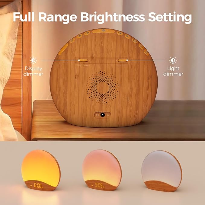 REACHER Wood Grain Sunrise Alarm Clock and Sound Machine Nightlight, Digital Dimmable Clocks for Bedroom, 26 Sleep Sounds, White Noise Machine for Baby, Adults, Wake Up Light Alarm Clock for Kids