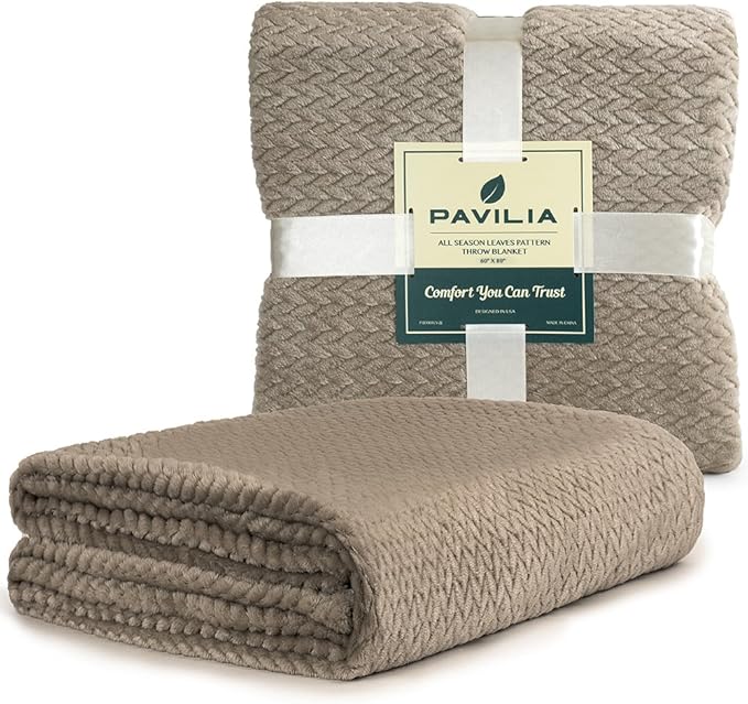 PAVILIA Soft Fleece Taupe Tan Throw Blanket for Couch, Lightweight Plush Warm Blankets for Bed, Fuzzy Cozy Flannel Blanket Throw for Sofa, Travel, Jacquard Pattern, Taupe/Camel, Twin, 60x80 inch