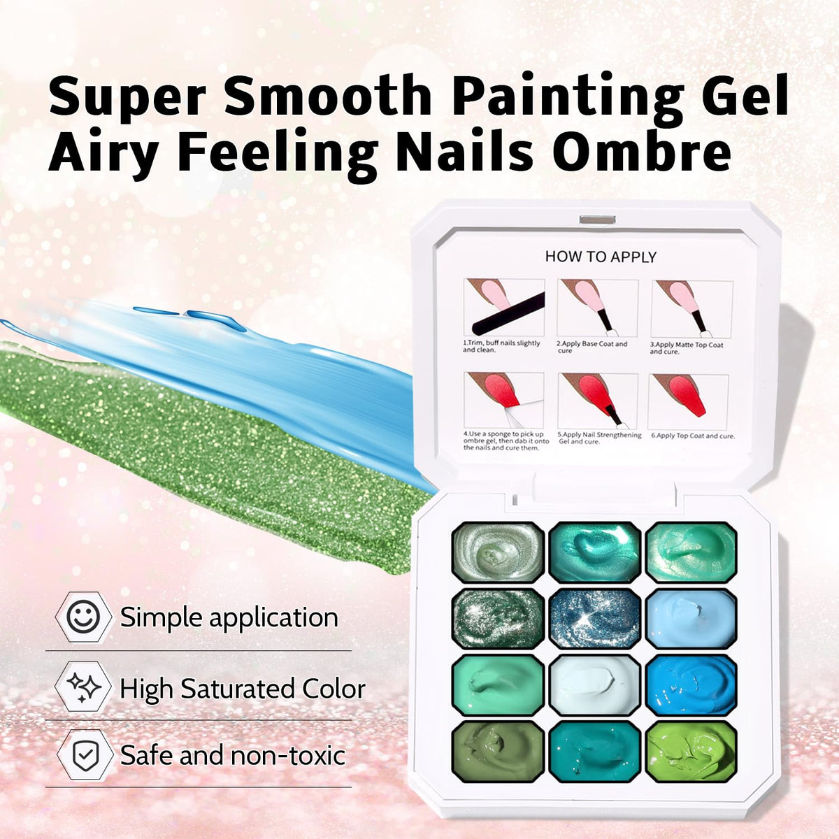 Sponge Pat Paint Nail Gel, Ombre Nails Gradient Gel Nail Blush Blooming Aura Nails Drawing Stripper Floral Painting DIY Nail Art, No Wipe, UV/LED Curing (12 Colors E)