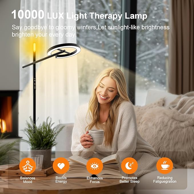 GLOWRIUM-H1 Smart Light Therapy Lamp 10000 Lux, LED UV-Free Sun Lamp, Circadian Rhythm, Full Spectrum Happy Light, Stepless Dimmable Energy Sunlight with App and Remote, Timer, Sleep Aid and Wake Up